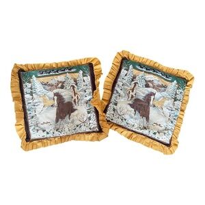 Vintage Equestrian Horse Pillow Covers Ruffle 80s/90s Winter Scene Set Of 2